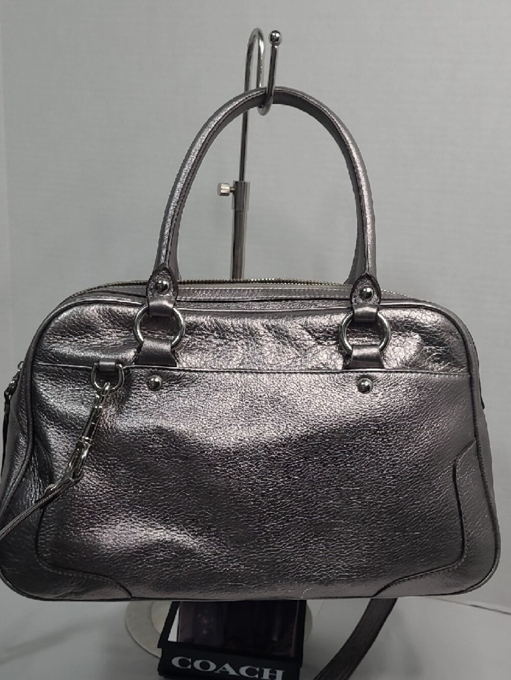 Coach Poppy Pushlock Metallic Silver Leather Satchel Handbag with Ribbon Charm - Picture 5 of 16